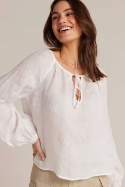 Gesmokte Linnen Raglanblouse - Wit><noscript><img width=