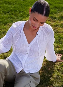 Geweven Geruite Raglanblouse - Wit><noscript><img width=