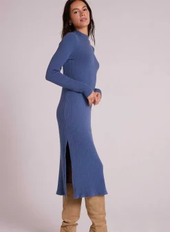 Halflange Gebreide Jurk Met Opstaande Hals - Blauw Staal><noscript><img width=